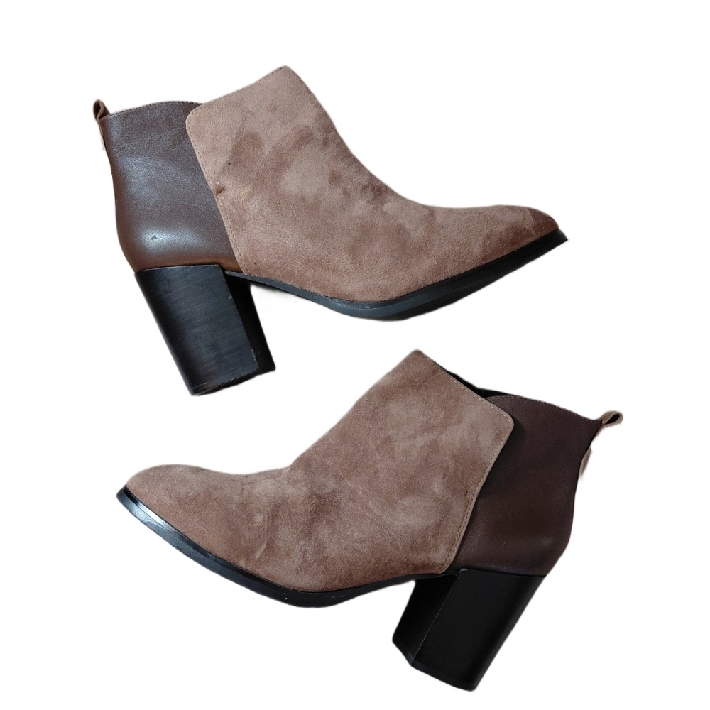 Land's End Brown Leather and Suede Block Heeled Booties Women's Ankle Boots Sz 9